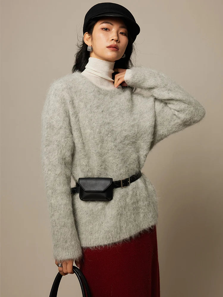 SuyaDream Warm Alpaca Pullovers for Woman, Dropped Sleeved Loose Sweaters, Brushed Wool Knit Sweater,  Fall Winter Top