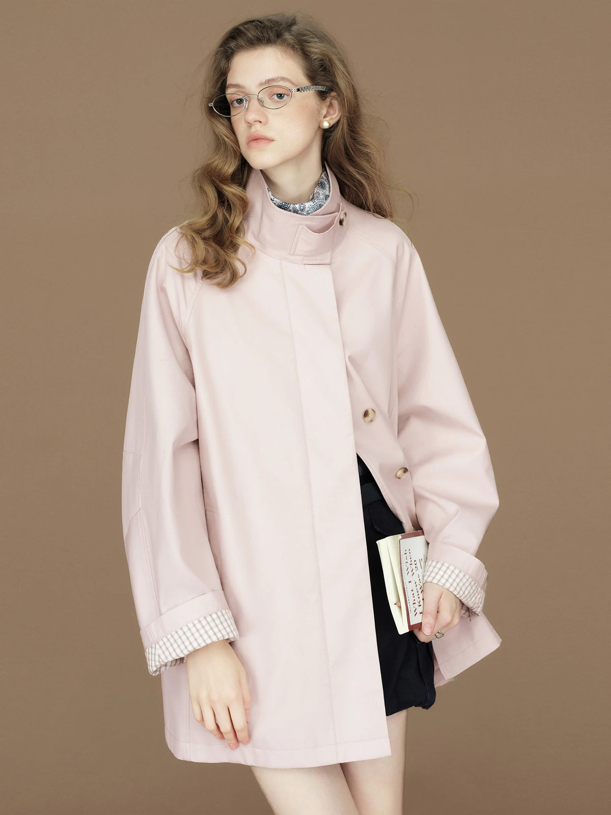 FSLE  Womens British Trench Coat Contrast Cuff Stand Collar Heritage Workwear Style Pink Black Khaki Short Long Trench Coat