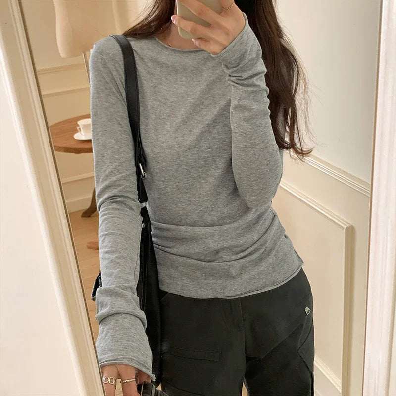 Spring T shirt Women Tops Solid Long Sleeve Ruched O Neck Tshirts Female Korean Casual Streetwear High Quality Base Tees