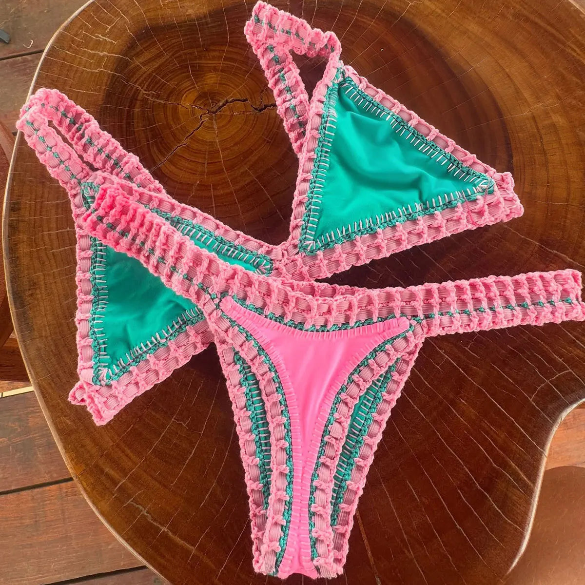 Pink Crochet Bikini  Sexy Women Swimsuit Female Swimwear Micro Bikini Set Bandeau Swimming Suit Beachwear Brazilian Biquini
