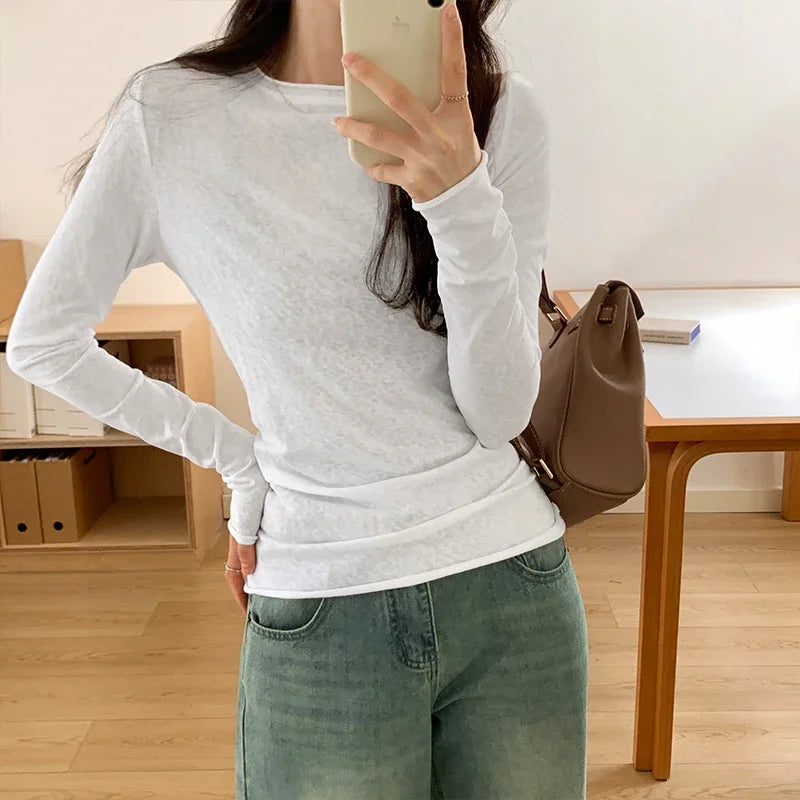 Spring T shirt Women Tops Solid Long Sleeve Ruched O Neck Tshirts Female Korean Casual Streetwear High Quality Base Tees