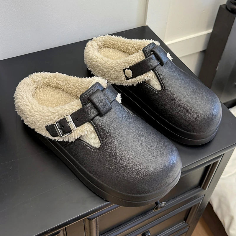 Winter Warm Fluffy Clogs Slippers Women Eva Waterproof Non