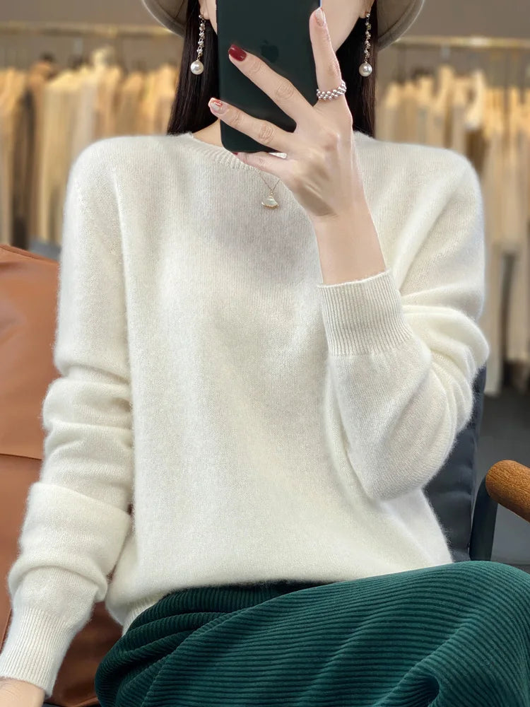 100% Merino Wool Sweater Women O-neck Cashmere Knitwear Female Pullover Autumn Winter Casual Tops Solid Color Soft  Clothing