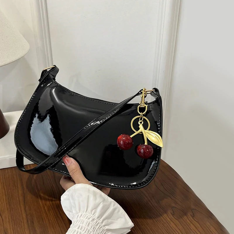 Women's PU Leather Handbag Versatile Fashion Solid Color Cherry Pendant Shoulder Bag Casual Commuting Bag Girl Underarm Bag