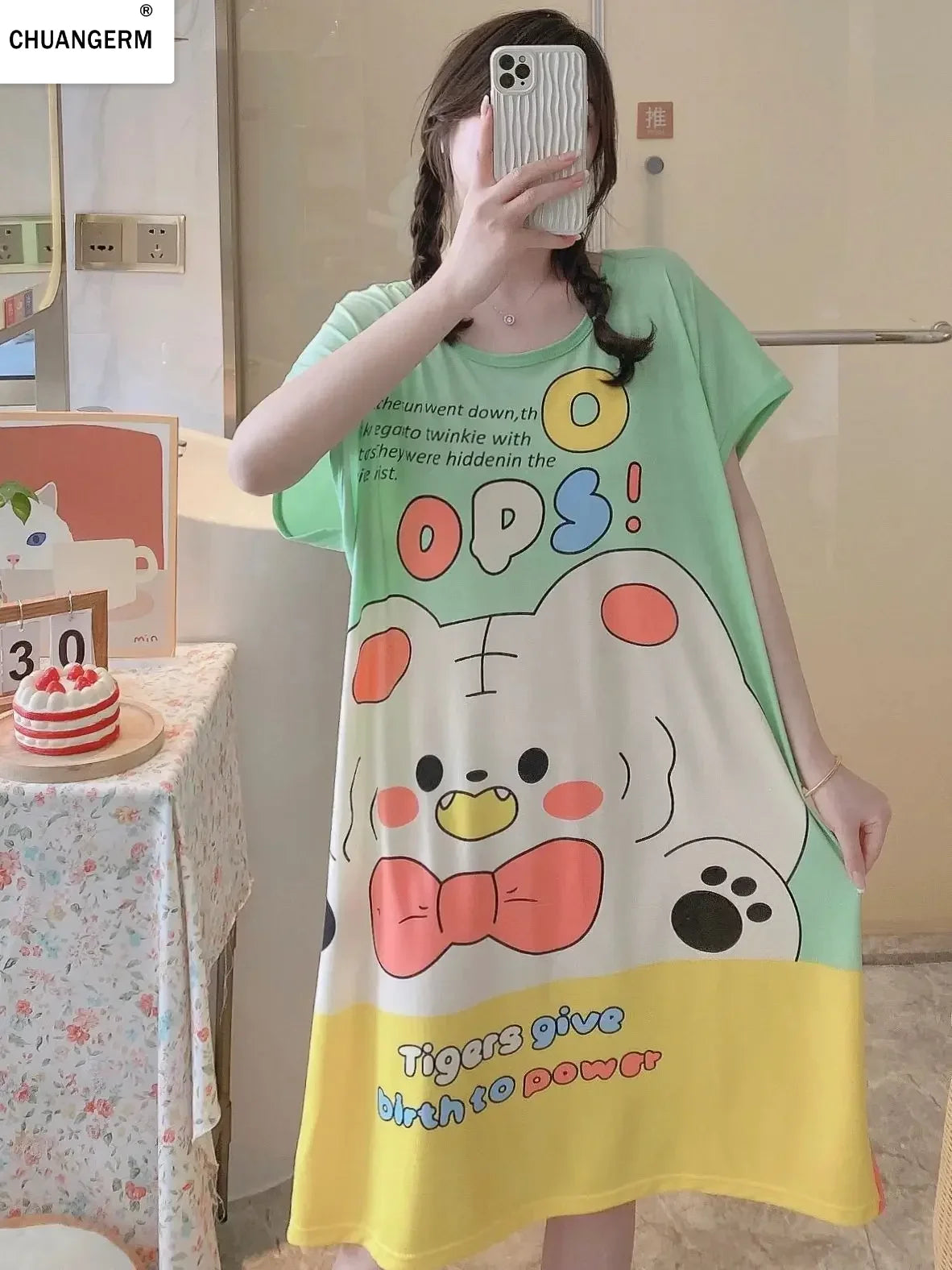 CHUANGERM Girls Women Cute Cartoon Short-Sleeved Pajama Dress Cool Comfortable Home Wear For Summer Autumn