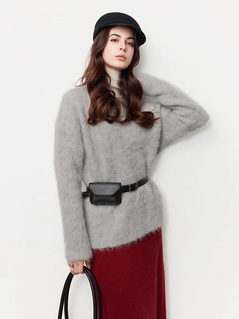 SuyaDream Warm Alpaca Pullovers for Woman, Dropped Sleeved Loose Sweaters, Brushed Wool Knit Sweater,  Fall Winter Top
