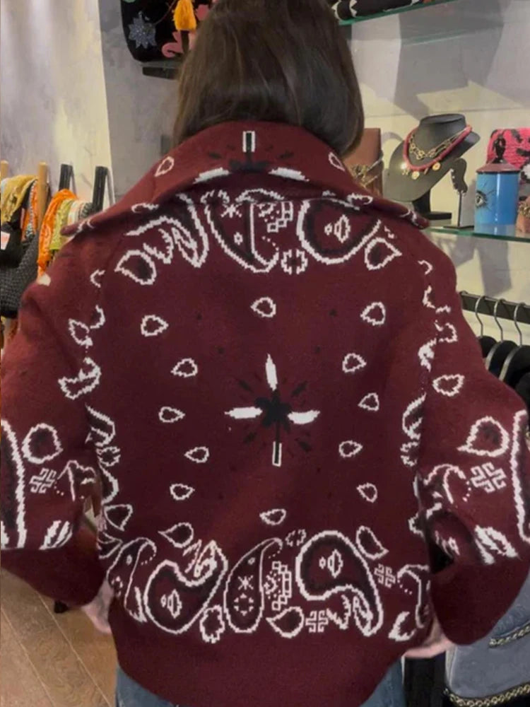 Casual Jacquard Cardigan for Women Loose Stand Collar Zipper Pockets All-match Female Sweater  Spring Thick Warm Knitwear