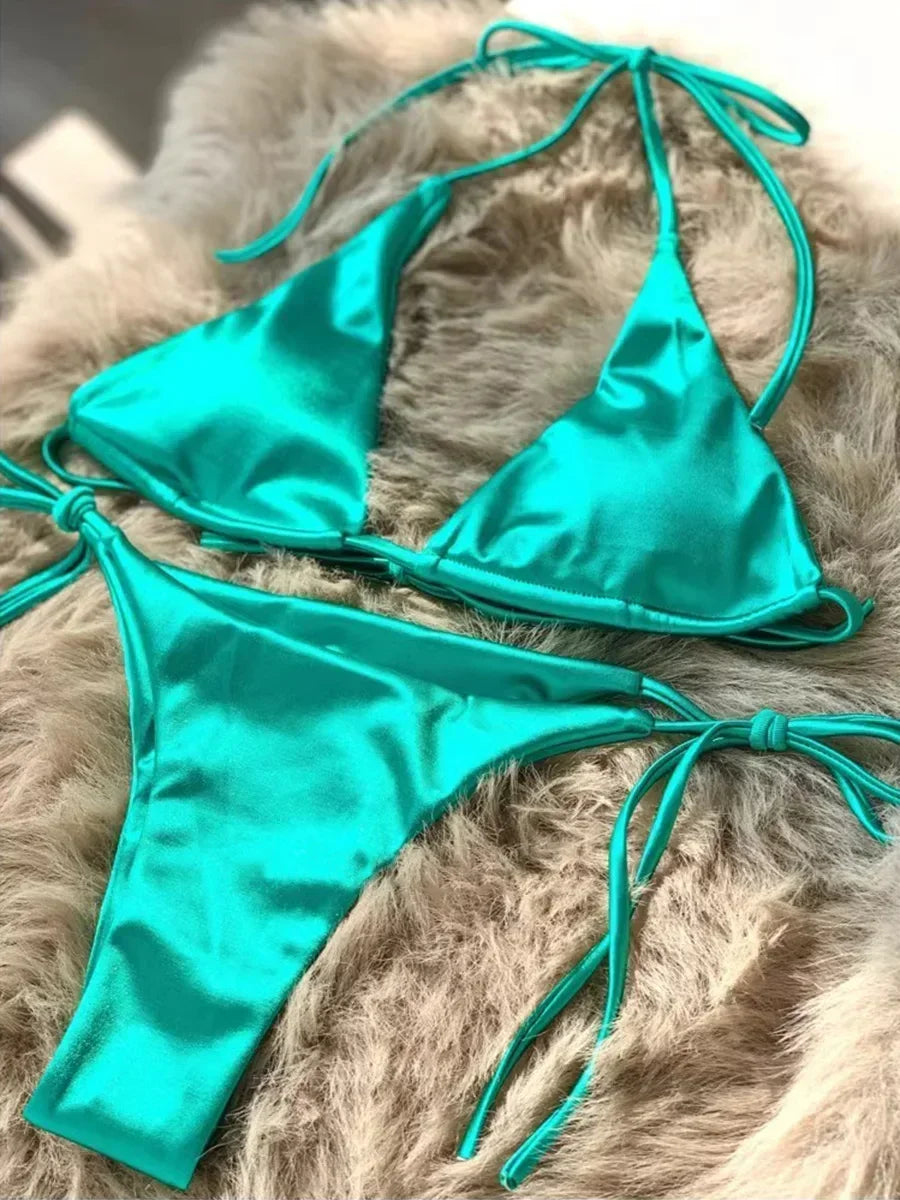 Halter Brazilian Metallic Satin Bikini Women Swimwear Female Swimsuit Two-pieces Bikini Set High Cut Bathing Suit Swim Beachwear