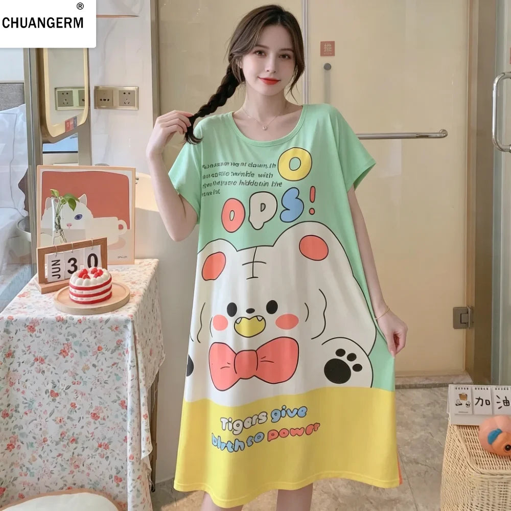CHUANGERM Girls Women Cute Cartoon Short-Sleeved Pajama Dress Cool Comfortable Home Wear For Summer Autumn