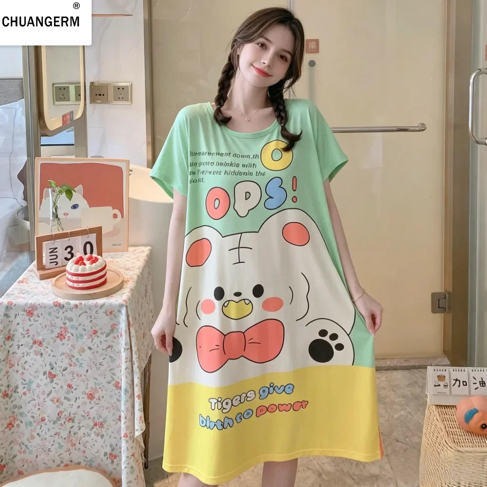 CHUANGERM Girls Women Cute Cartoon Short-Sleeved Pajama Dress Cool Comfortable Home Wear For Summer Autumn