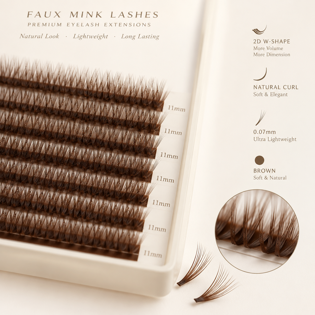 FADVAN Brown 2D W-Shape Faux Mink Eyelash Extensions 0.07mm Natural Curl